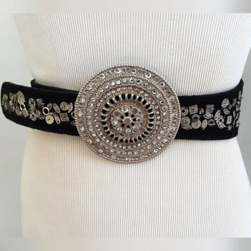 CHICO'S Metal Embellished Black Suede Waist Cincher Belt Sz Large